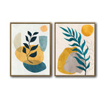 Set of 2 Teal & Mustard Yellow Boho Botanical Abstract Canvas Wall Art