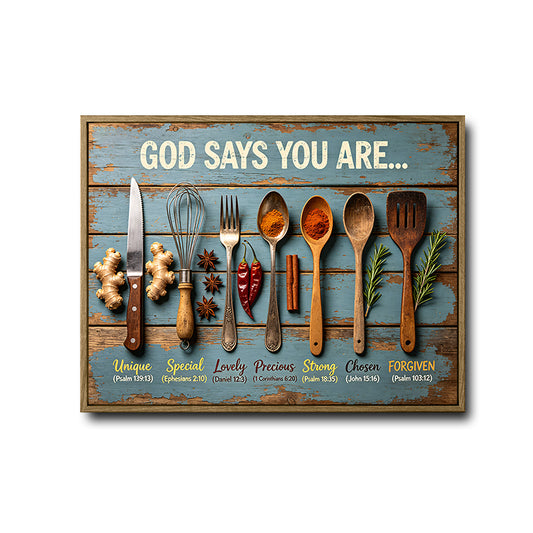 God Says You Are Bible Verse Canvas, Vintage Kitchen Utensils Wall Decor