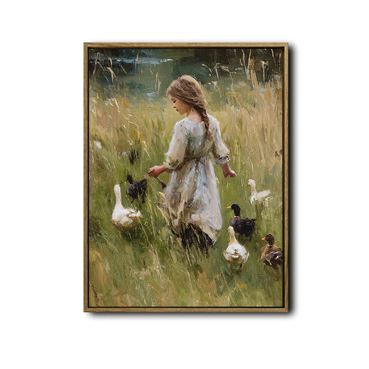 Girl Feeding Ducks Meadow Canvas Wall Art Vintage Farmhouse Country Home Decor