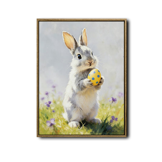Grey Bunny Holding Yellow Polka Dot Easter Egg Meadow Canvas Wall Art
