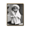 Black And White Cute Tabby Cat In Bathrobe Shower Cap Canvas Wall Art Funny Animal Bathroom Wall Decor
