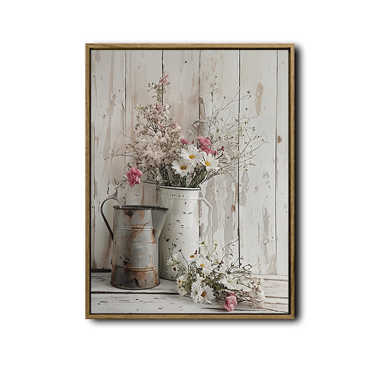 Vintage Metal Pitcher Wildflower Canvas Wall Art, White Pink Daisy Floral Vertical Print, White Peeling Wood Plank Shabby Chic Farmhouse Wall Decor