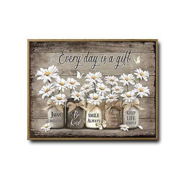 Rustic Motivational Wall Decor, White Daisies Mason Jars With Positive Quotes “Every Day Is A Gift” Butterfly Weathered Wood Canvas Art, Horizontal Country Farmhouse Floral Artwork