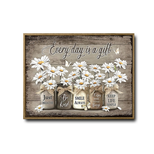 Rustic Motivational Wall Decor, White Daisies Mason Jars With Positive Quotes “Every Day Is A Gift” Butterfly Weathered Wood Canvas Art, Horizontal Country Farmhouse Floral Artwork