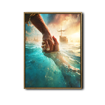 Jesus Reaching Hand Saving Peter On Water Framed Canvas Wall Art, Christian Sea Miracle Religious Faith Home Decor Print