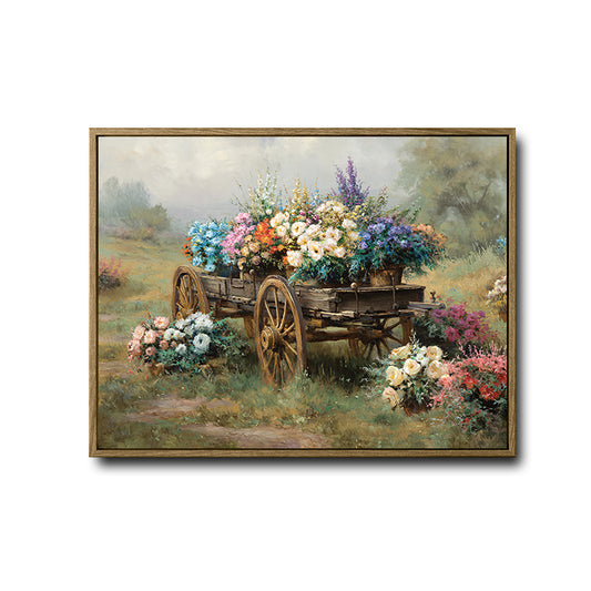 Vintage Flower Cart Canvas Wall Art Country Floral Farmhouse Horizontal Home Decor