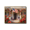Patriotic Red Rose Colonial House American Flag Canvas Wall Art, Farmhouse Floral Front Porch Canvas Painting