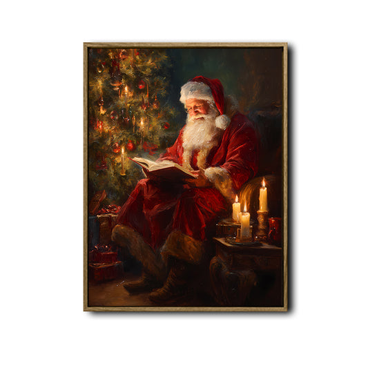 Vintage Santa Reading Book Candles Christmas Tree Framed Wall Art Christmas Decoration