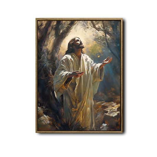 Inspirational Jesus Prayer Canvas Wall Art, Jesus With Open Uplifted Hands Garden Vintage Oil‑Style Religious Poster