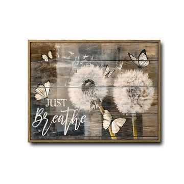Neutral Dandelion Butterfly Wall Print, Just Breathe Motivational Saying Canvas for Bedroom Bathroom Decor