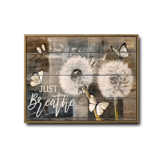 Neutral Dandelion Butterfly Wall Print, Just Breathe Motivational Saying Canvas for Bedroom Bathroom Decor