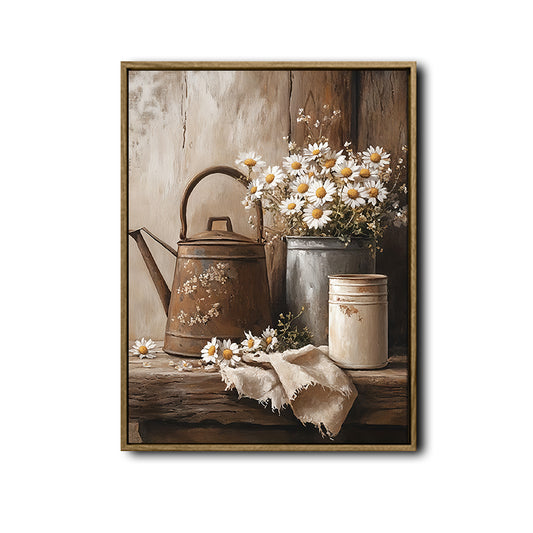 Vintage Rustic Watering Can White Daisy Canvas Wall Art, Farmhouse Metal Bucket Wildflower Still Life Vertical Print, Shabby Chic Country Neutral Floral Wall Decor