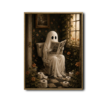 Funny Ghost Reading Newspaper On Toilet Halloween Framed Wall Art Print