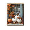 Farmhouse Halloween White Pumpkin Canvas Print, Rustic Blue Window Autumn Maple Leaves Fall Wall Art