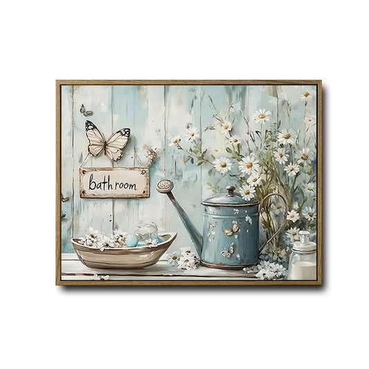 Shabby Chic Bathroom Wall Decor, White Daisies Vintage Blue Watering Can Butterfly Bathroom Sign Weathered Pale Blue Wood Canvas Art, Horizontal Cottage Bath Floral Artwork
