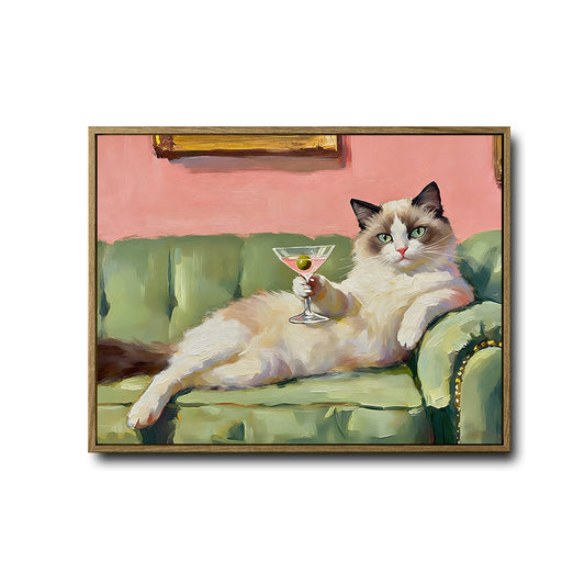 Playful Vintage Cat Canvas Poster, Retro Oil‑Painting Style Cat Drinking Cocktail Artwork for Fun Home & Bar Cart Wall Decoration