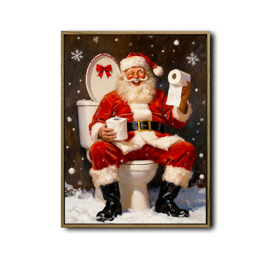 Funny Santa On Toilet Snow Scene Framed Wall Art Christmas Bathroom Decoration