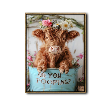 Highland Cow Bathroom Wall Art, Are You Pooping Funny Farm Cow Canvas Print, Cute Fluffy Scottish Cow With Flower Crown Bathroom Decor, Rustic Farmhouse Restroom Sign