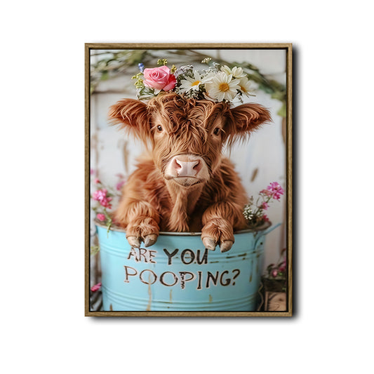 Highland Cow Bathroom Wall Art, Are You Pooping Funny Farm Cow Canvas Print, Cute Fluffy Scottish Cow With Flower Crown Bathroom Decor, Rustic Farmhouse Restroom Sign