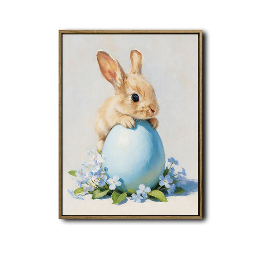 Bunny Leaning on Blue Easter Egg Forget-Me-Not Flowers Canvas Wall Art