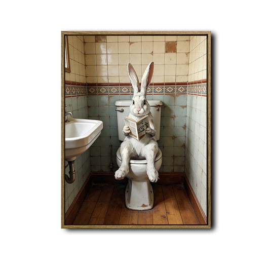 Vintage Funny Bunny On Toilet Reading Newspaper Wall Art, Fun Bathroom Canvas Poster, Whimsical Animal Home Decor
