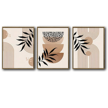 Set of 3 Neutral Boho Abstract Geometric Palm Leaf Framed Wall Art Prints