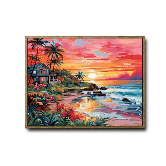 Hawaiian Tropical Beach Sunset Canvas, Colorful Coastal Cottage Wall Decor