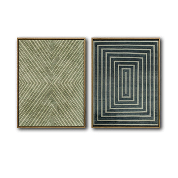 2 Piece Neutral Vintage Linear Abstract Canvas Prints Mid Century Modern Textured Tribal Pattern Wall Art