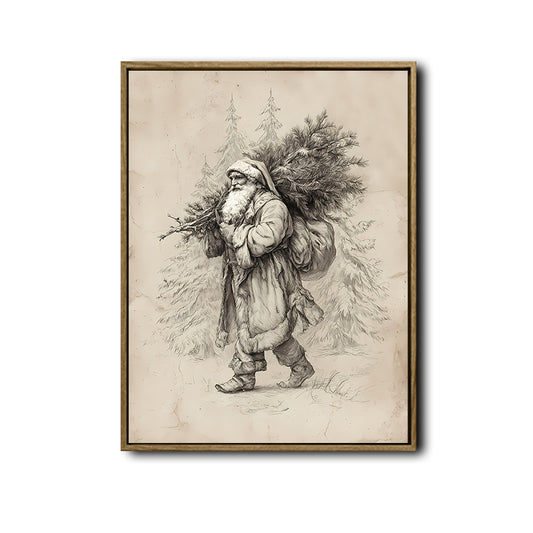 Vintage Sketch Santa Framed Wall Art Antique Drawing Farmhouse Christmas Print