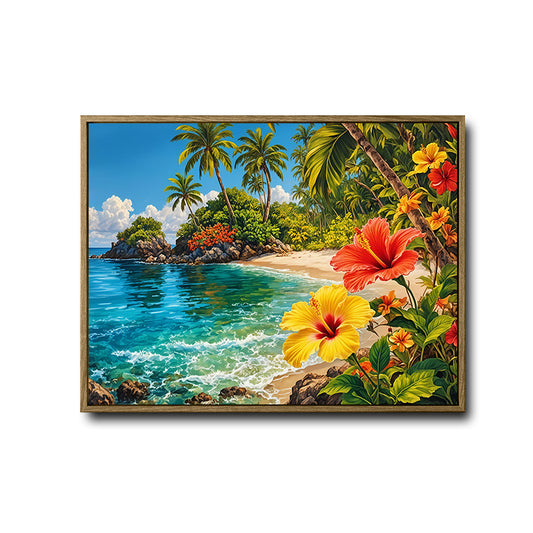 Tropical Island Hibiscus Palm Tree Coastal Wall Art