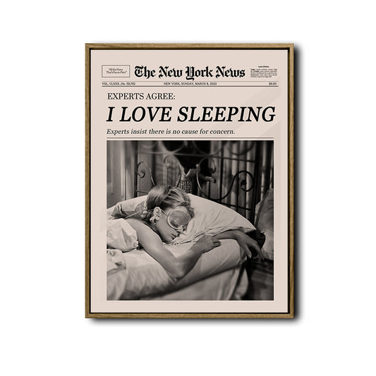 Funny I Love Sleeping Newspaper Poster, Vintage Retro News Headline Canvas Wall Art, Quirky Bedroom Apartment Decor