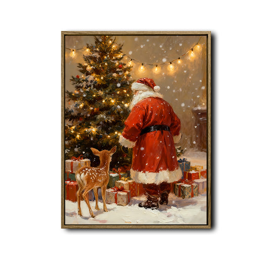 Santa & Little Deer Framed Wall Art Vintage Oil Painting Christmas Print