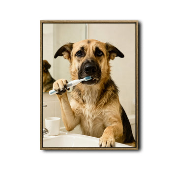 Whimsical German Shepherd Bathroom Poster, Dog Brushing Teeth At Sink Print, Fun Wall Art for Dog Lovers