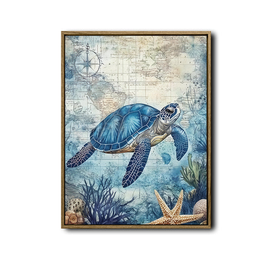 Blue Sea Turtle Antique Nautical Map Ocean Wall Art
