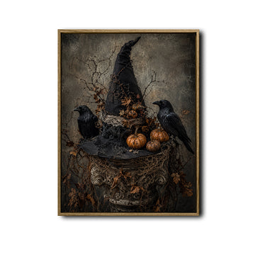 Vintage Witch Hat Raven Pumpkin Gothic Halloween Framed Wall Art Print