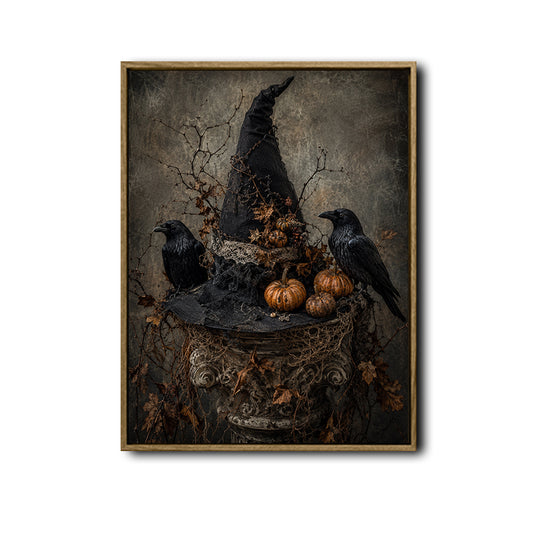 Vintage Witch Hat Raven Pumpkin Gothic Halloween Framed Wall Art Print