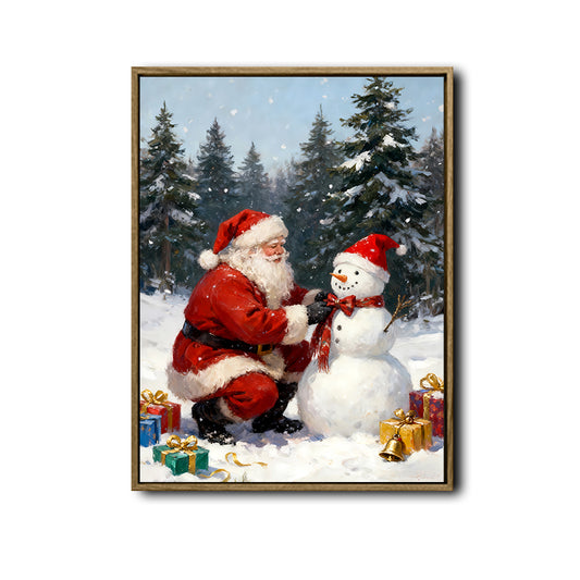 Santa & Snowman Framed Wall Art Vintage Oil Painting Christmas Print