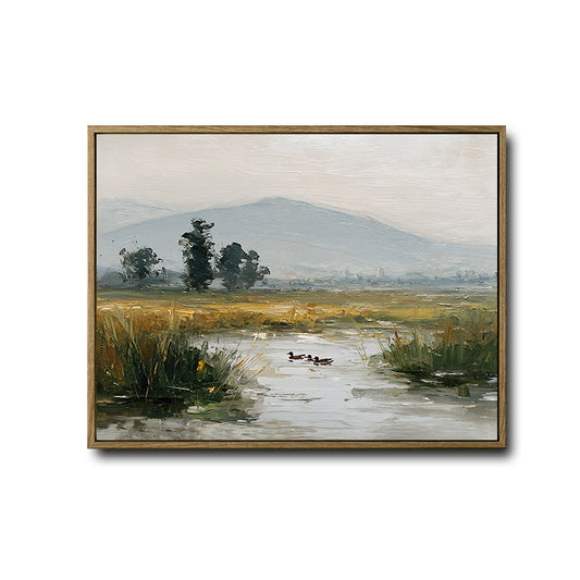 Muted Marsh Pond Ducks Landscape Canvas Wall Art Vintage Farmhouse Horizontal Decor