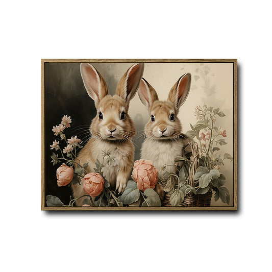 Cottagecore Farmhouse Wall Decor, Pair of Fluffy Brown Rabbits With Pink Peonies & Wicker Basket, Muted Vintage Oil Painting Horizontal Canvas Art, Soft Neutral Spring Easter Artwork