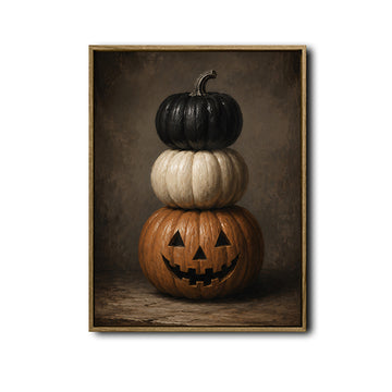 Vintage Stacked Pumpkin Jack‑O‑Lantern Halloween Framed Wall Art Print