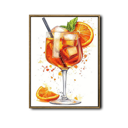 Modern Bar Wall Decor, Aperol Spritz Orange Cocktail With Ice & Orange Slice Watercolor Splash Painting, Bright Fresh Vertical Canvas Artwork For Kitchen Dining Pub