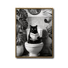 Black And White Black Cat Reading Newspaper On Toilet Canvas Wall Art Funny Tropical Bathroom Wall Deco