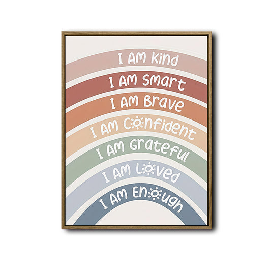 Neutral Pastel Rainbow Affirmation Canvas Print, I Am Kind Smart Brave Inspirational Kids Wall Art