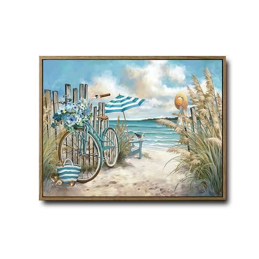 Vintage Bicycle Beach Canvas, Watercolor Coastal Seaside Wall Decor