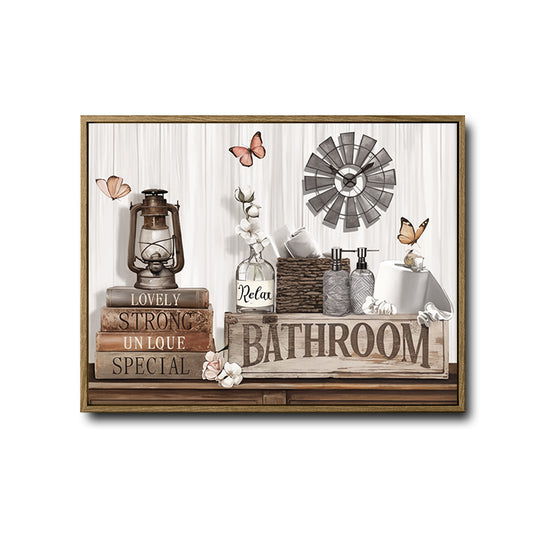 Farmhouse Bathroom Canvas Wall Art, Vintage Windmill Butterfly Bathroom Sign Print, Rustic Neutral Country Bath Decor with Lantern Books Floral Art