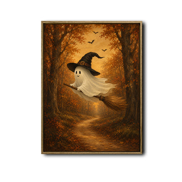 Vintage Ghost Witch Hat Broom Fall Forest Halloween Framed Wall Art Print