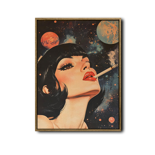 Retro Cosmic Pin Up Woman Canvas Print, Vintage Galaxy Planet Red Lips Surreal Pop Wall Art