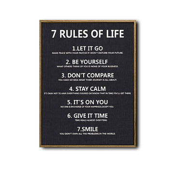7 Rules Of Life Motivational Framed Canvas Wall Art, Inspirational Typography Quote Print for Home Office Decor