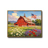 Red Barn American Flag Wildflower Field Canvas Wall Art, Farmhouse Country Lavender Poppy Daisy Landscape Canvas Print, Patriotic Rustic Farm Decor
