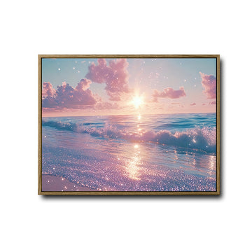 Dreamy Glitter Pink Beach Canvas, Magical Pastel Coastal Seascape Wall Decor